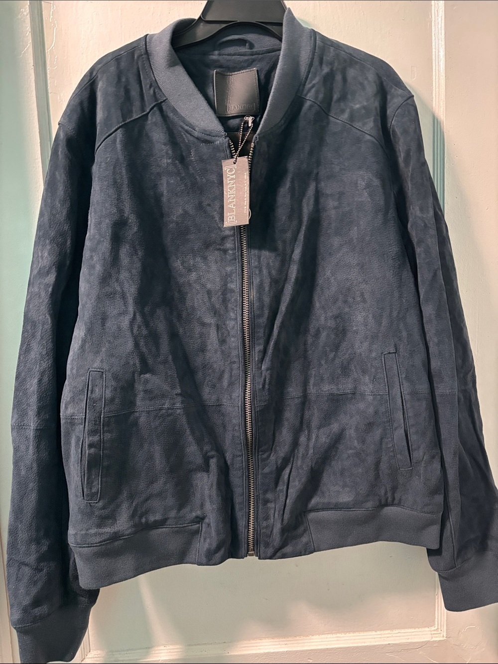 Blank NYC Navy Suede Bomber Jacket with Ribbed Trim